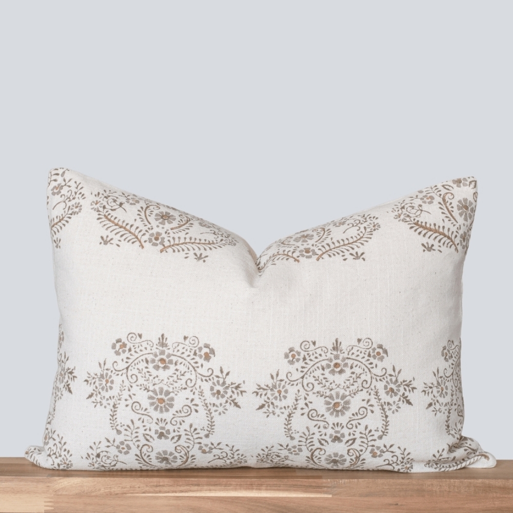 Pilar Floral Block Printed Pillow Cover | Olive, Light Brown, Tan | Lumbar 14x20